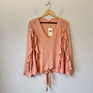 NWT ENTRO Ruffled Long Sleeve Tie Front V-Neck Blouse Top in Peach
